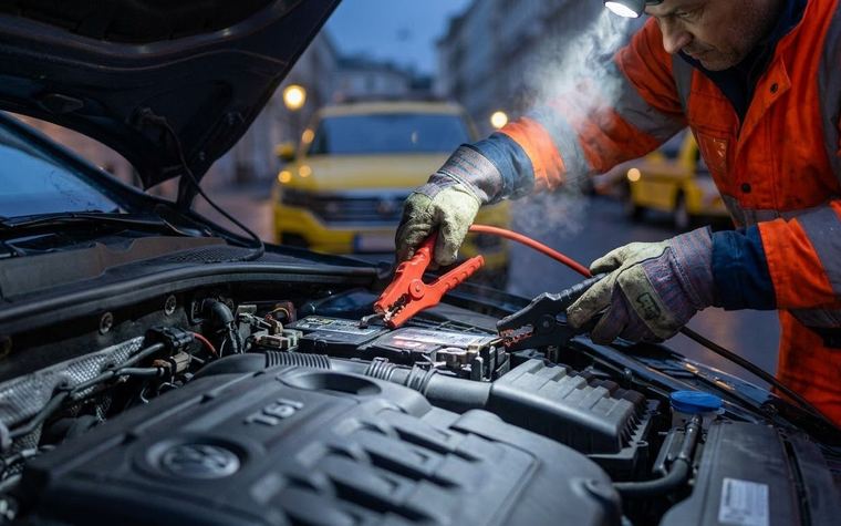 Starthilfe an einer Fahrzeugbatterie