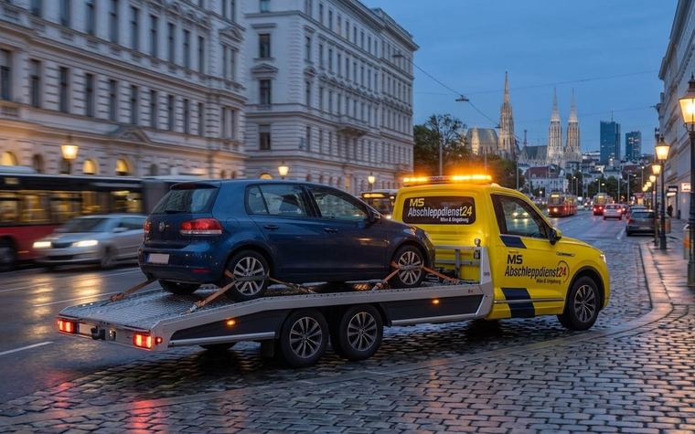 Abschleppfahrzeug transportiert einen PKW durch Wien